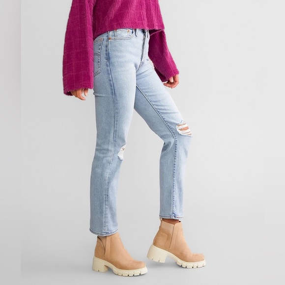 LEVI'S Wedgie Straight Leg High Rise Distressed Torn Blue Jeans Ankle - Picture 3 of 13